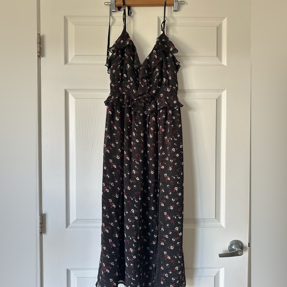 Showpo Black Floral Ruffle Maxi Dress with Red & White Accents